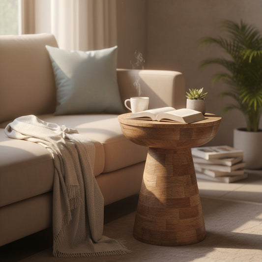 Handcrafted wooden side table with coffee cup, open book, and succulent in cozy living room