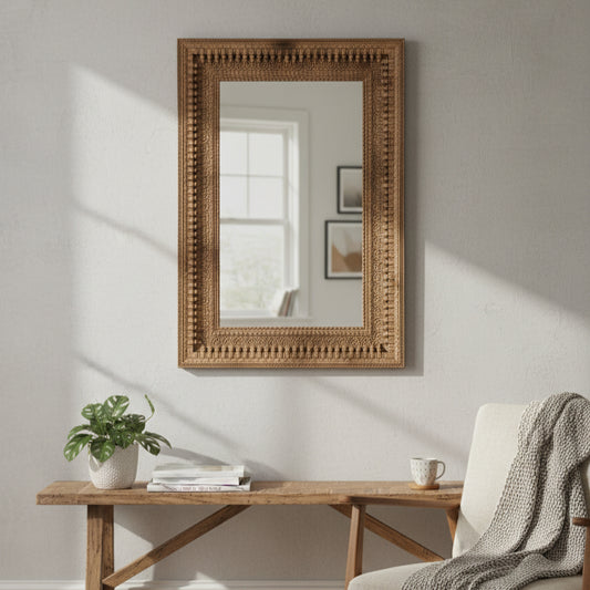 Handcrafted wooden frame mirror on wall above rustic bench, plant, and cozy chair
