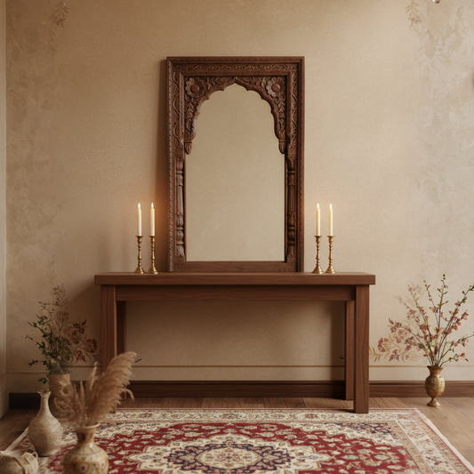 Mehraab Mirror Frame featuring intricate wooden carving with an ornate arch design, styled on a simple wooden table surrounded by traditional decor elements and soft lighting.