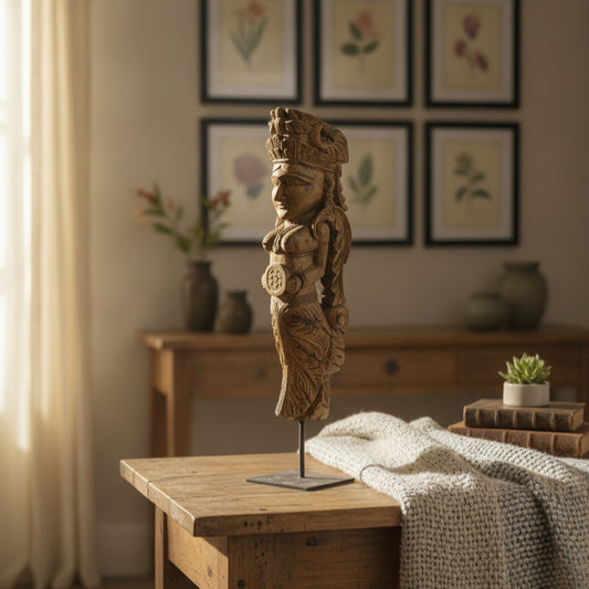 Handcrafted Yakshi heritage sculpture made from reclaimed antique wooden figurines.