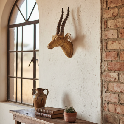 Wooden antelope head mounted on a wall next to a window with a rustic interior.