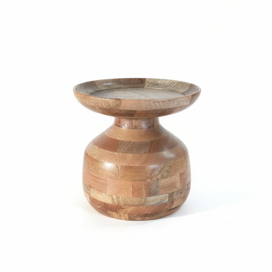 Handcrafted wooden side table with natural finish and unique tribal design