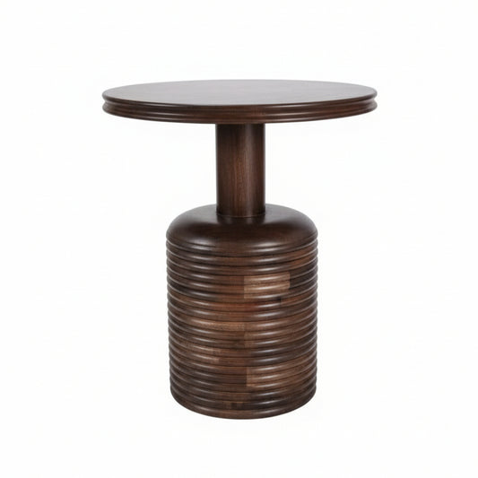 Handcrafted round wooden side table with ribbed base, tribal-inspired design