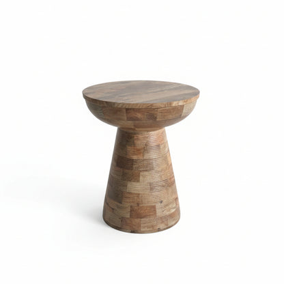 Handcrafted wooden side table with geometric shape and natural wood pattern on white background