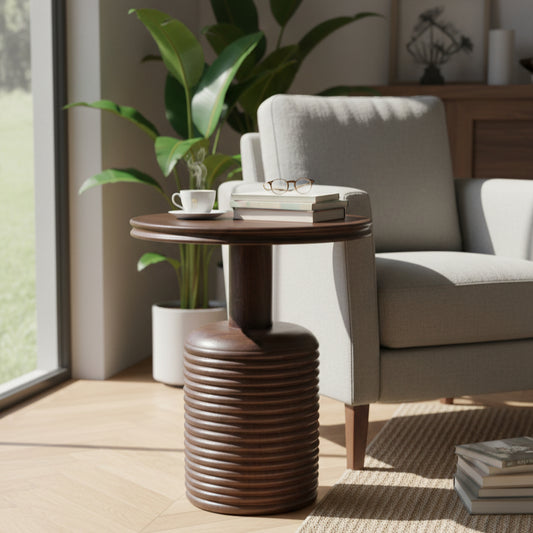 Modern wooden side table with carved base beside beige armchair in sunlit living room