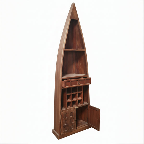 Wooden boat-shaped shelf with open cabinet, drawers, and wine rack compartments