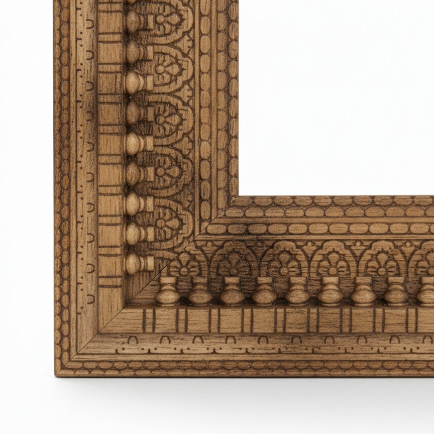 Hand-carved wooden frame with intricate tribal patterns and floral detailing