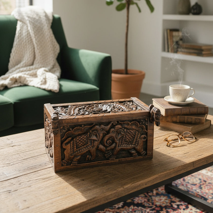 Hand-carved wooden box with elephant motifs on coffee table in cozy living room