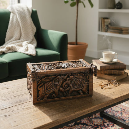 Hand-carved wooden box with elephant motifs on coffee table in cozy living room