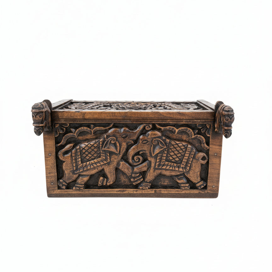 Handcrafted wooden box with carved elephant design, tribal handicraft decor
