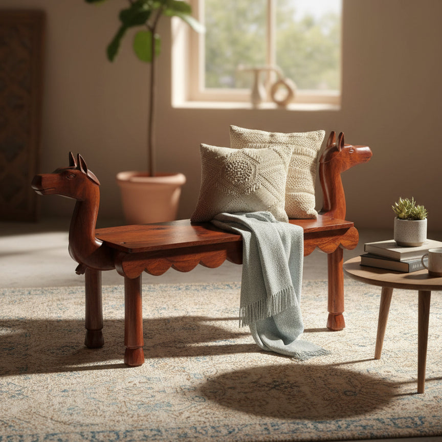 Vahana Carved Wooden Bench