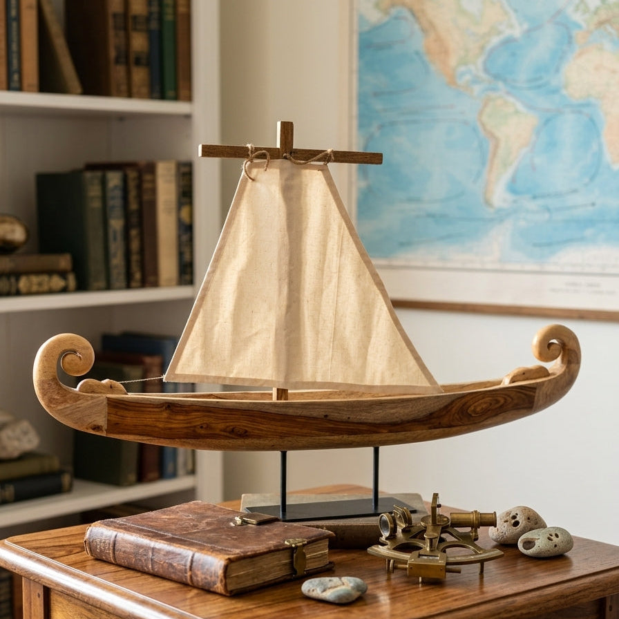 A wooden model sailboat with a beige canvas sail is displayed on a small table in a room with bookshelves, a world map, and nautical-themed decor.