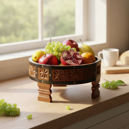 A carved Ahaar Wooden Fruit Bowl filled with colorful fresh fruits including grapes, apples, pomegranate, and a pear, placed on a wooden countertop near a bright window.