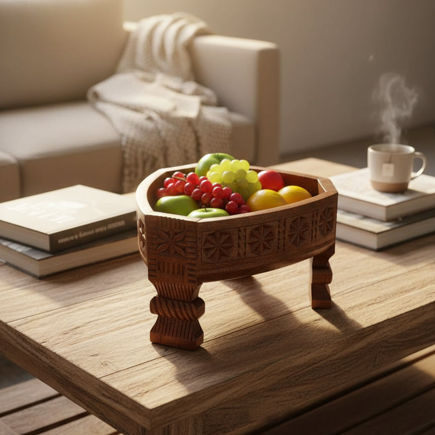 Handcrafted wooden fruit bowl with tribal-inspired carvings, filled with fresh fruit, placed on a wooden table in a cozy living room setting with soft natural light.