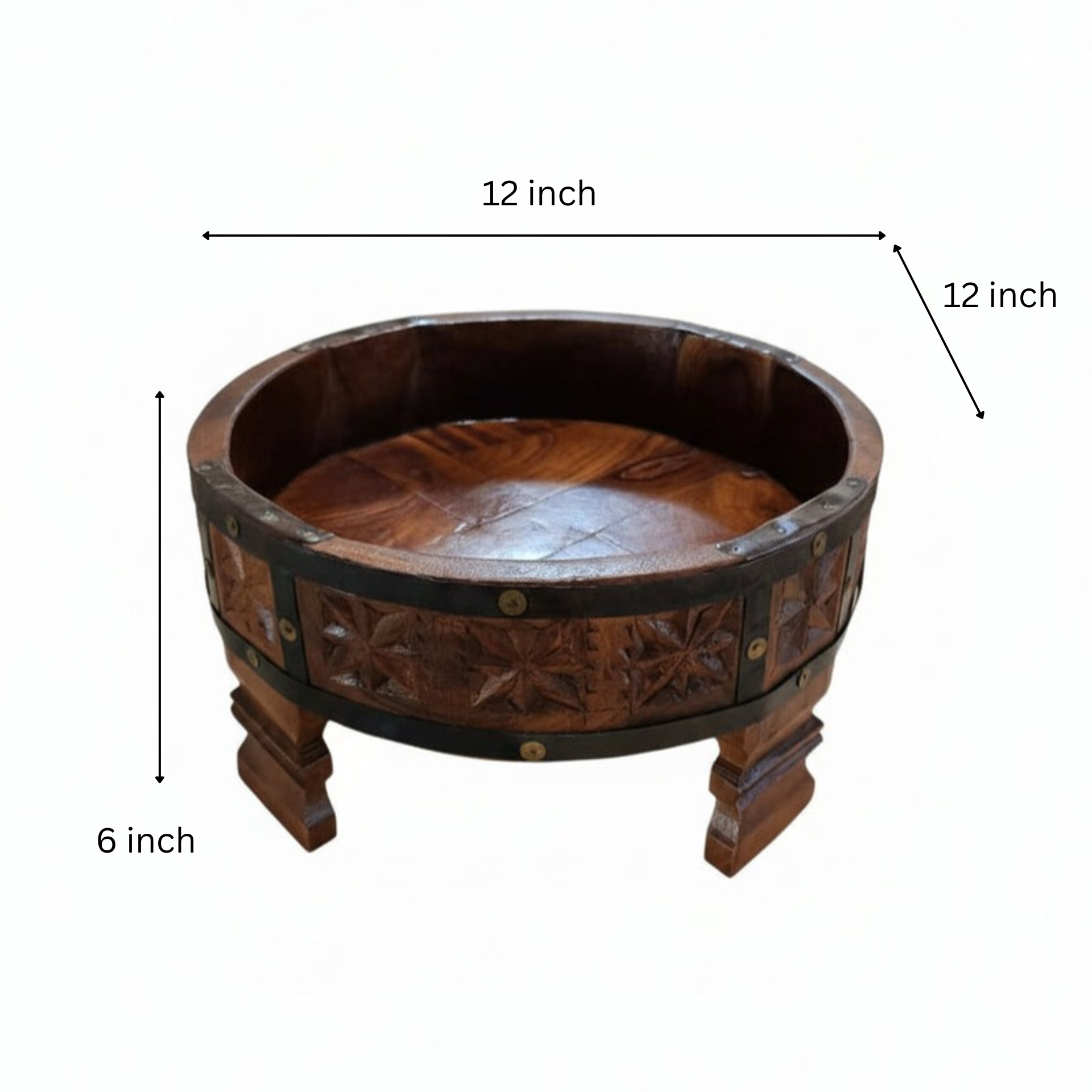 A handcrafted Ahaar Wooden Fruit Bowl featuring intricate carved floral patterns and sturdy legs, perfect for rustic wooden decor and tribal handicrafts display.