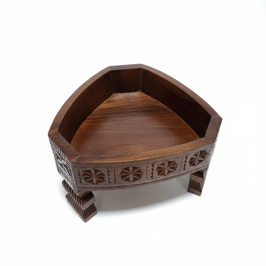 Ahaar Wooden Fruit Bowl crafted from rich wood featuring intricate tribal handicrafts and geometric carvings, designed as a decorative piece for elegant wooden decor.