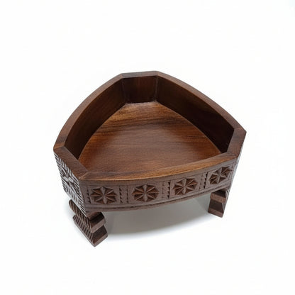 Ahaar Wooden Fruit Bowl crafted from rich wood featuring intricate tribal handicrafts and geometric carvings, designed as a decorative piece for elegant wooden decor.