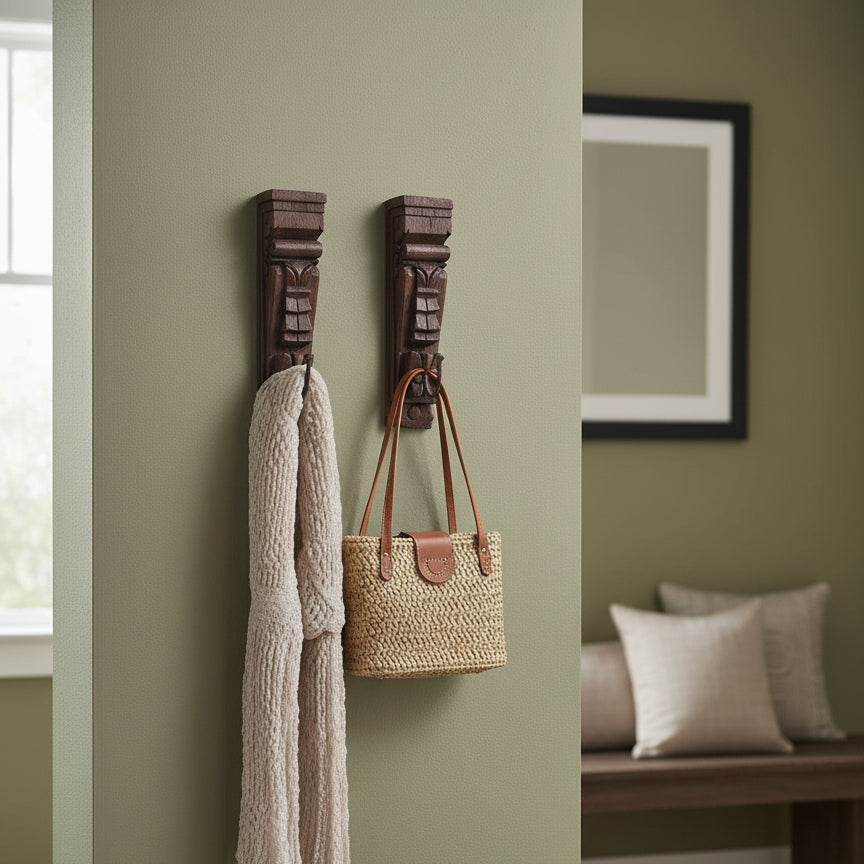 Two Ankush Coat Hooks, crafted with artisanal handicraft, hold a beige knit scarf and a straw handbag on a sage green wall. A bench with neutral pillows and a framed picture are in the background. Light from a nearby window brightens the decor, creating an inviting and tranquil space.