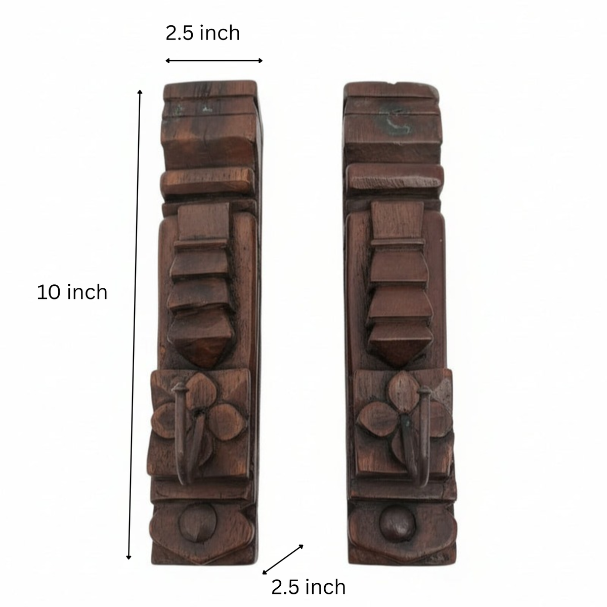 Two ornately carved Ankush Coat Hooks, each featuring geometric and floral patterns, showcase exceptional handicraft and serve as striking decor accents against a plain white background.