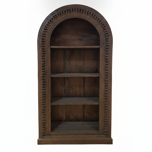 Handcrafted wooden display shelf with tribal-inspired carved details, featuring three spacious shelves for decor or storage, made from premium solid wood.