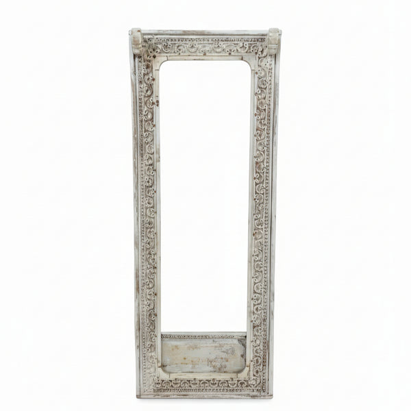 Ashva Wooden Mirror Frame featuring intricate carved wooden decor with a distressed finish, highlighting traditional tribal handicrafts style for elegant wall display.
