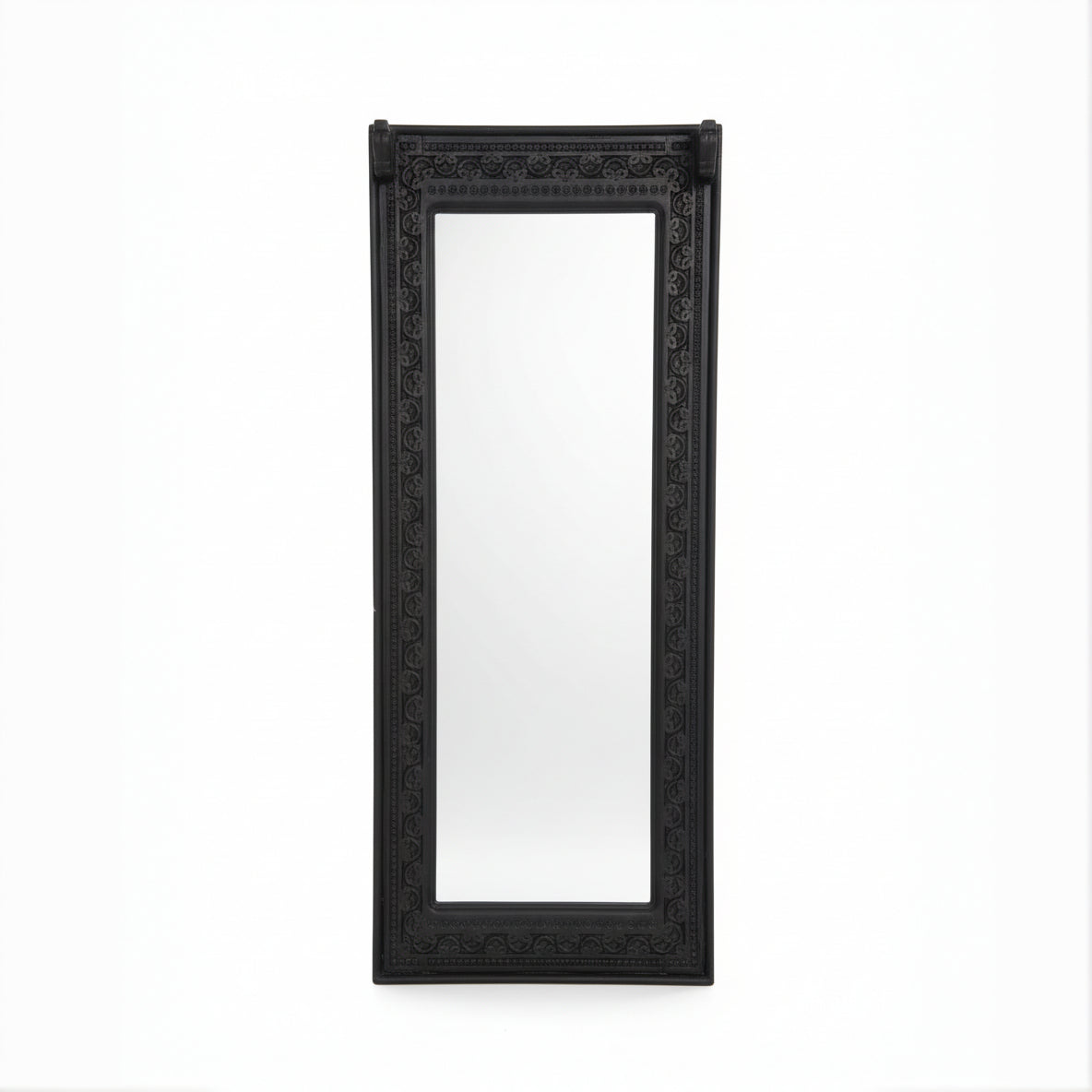Ashva Wooden Mirror Frame with intricate carved wooden border in dark finish, showcasing elegant tribal handicrafts style for unique wall decor.