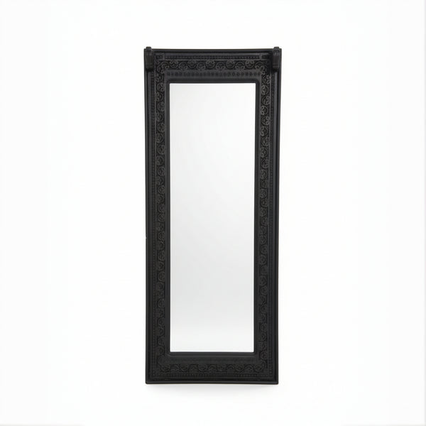 Ashva Wooden Mirror Frame with intricate carved wooden border in dark finish, showcasing elegant tribal handicrafts style for unique wall decor.