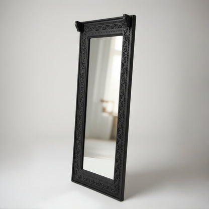 Ashva Wooden Mirror Frame in black with intricately carved wooden border, showcasing a traditional tribal handicraft design perfect for elegant home decor.