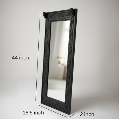 Ashva Wooden Mirror Frame in black with intricately carved wooden border, showcasing a traditional tribal handicraft design perfect for elegant home decor.