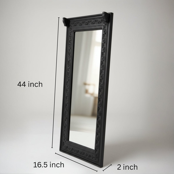 Ashva Wooden Mirror Frame in black with intricately carved wooden border, showcasing a traditional tribal handicraft design perfect for elegant home decor.