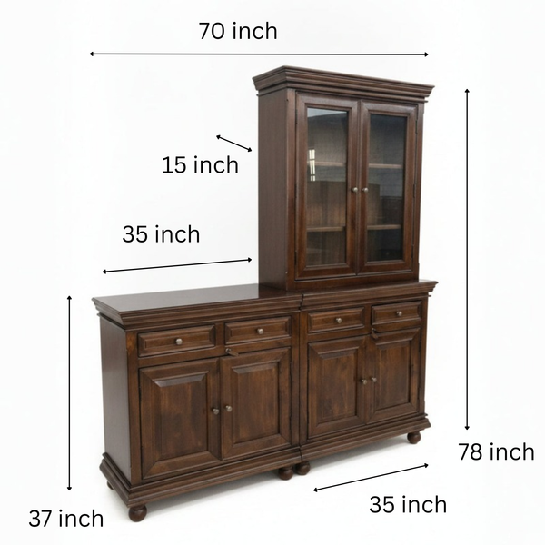 Elegant wooden display cabinet with rich dark finish, featuring glass-paneled upper doors and multiple drawers and cupboards, showcasing handcrafted tribal decor style.