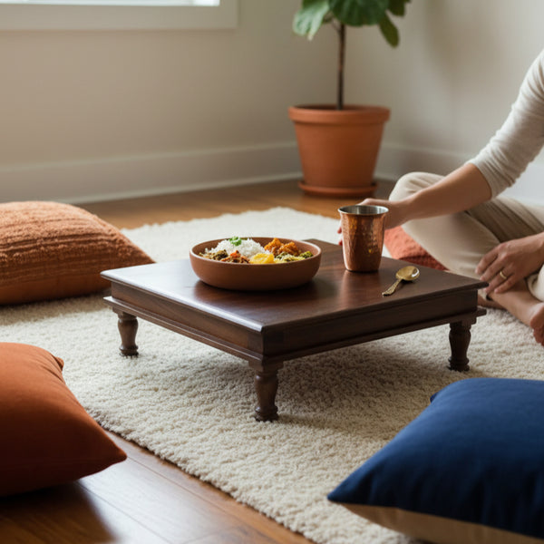 A wooden Bajot Chowki Floor Pedestal on a carpet with a copper cup, plate of food, and surrounding colorful cushions, set in a cozy room with natural light.