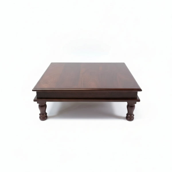 Bajot Chowki Floor Pedestal in dark polished wood with a simple, sturdy design featuring turned legs, ideal for traditional decor and handcrafted wooden handicraft accents.