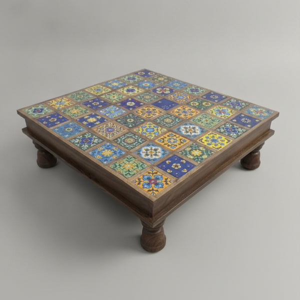 Bajot Chowki Floor Pedestal featuring a colorful mosaic tile top with intricate floral patterns on a carved wooden base, ideal for ethnic decor and handicrafts.