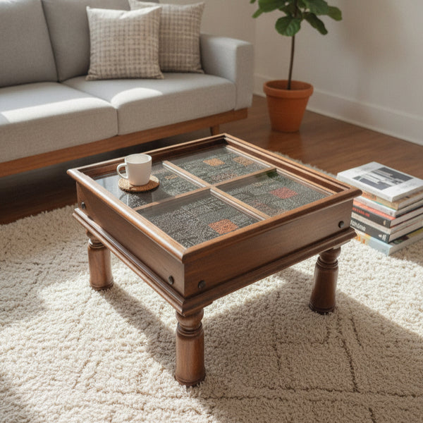 Wooden side accent table with handcrafted mosaic tribal designs on the top, placed on a textured rug in a cozy living room setting with a sofa and potted plant.