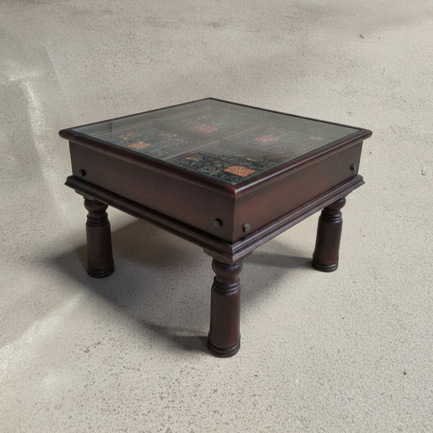 Chhap Mosaic Side Accent Table in Dark Brown crafted from reclaimed antique wooden blocks.