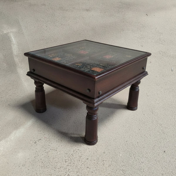 Chhap Mosaic Side Accent Table in Dark Brown crafted from reclaimed antique wooden blocks.