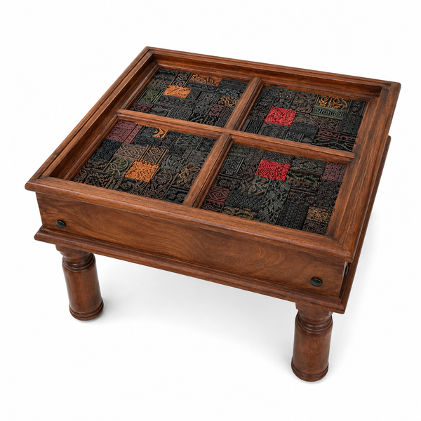Wooden side accent table with intricate mosaic tile inlay featuring tribal handicraft patterns in earthy tones, showcasing handcrafted quality and unique decor style.