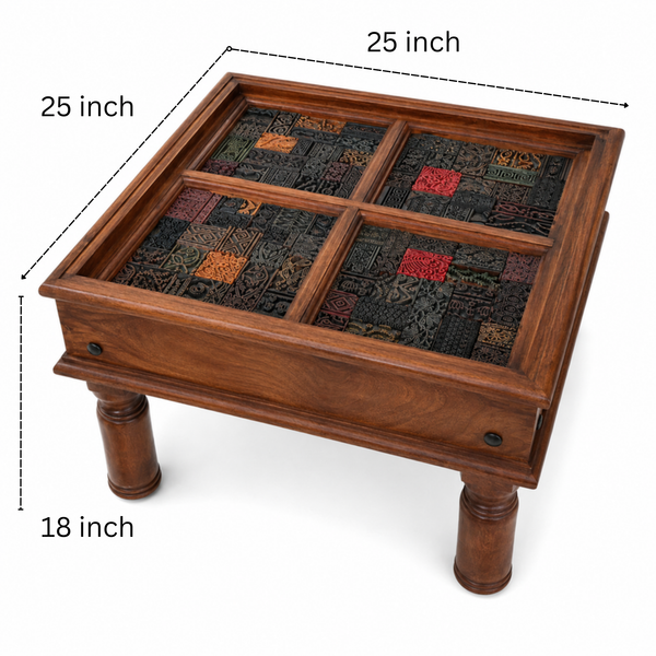 Wooden side accent table with intricate mosaic tile inlay featuring tribal handicraft patterns in earthy tones, showcasing handcrafted quality and unique decor style.
