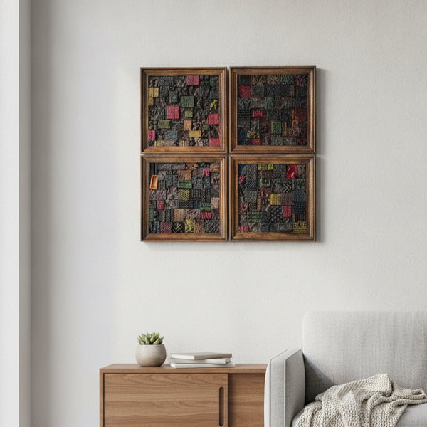Set of four handcrafted wooden mosaic wall art pieces with colorful tribal patterns, displayed above a minimalist wooden cabinet and neutral-toned living space.