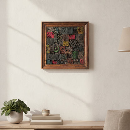 Handcrafted wooden wall art featuring a mosaic of intricately carved tribal-inspired patterns in earthy tones, adding rustic decor to a minimalist room.