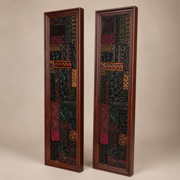 Pair of tall, rectangular handcrafted wooden wall panels featuring intricate tribal-inspired mosaic patterns in earthy tones for unique home decor.