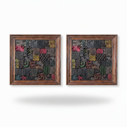 Two square Chhap Mosaic Wall Art pieces featuring intricate multicolored tribal handicraft patterns in wooden frames with a rustic finish.