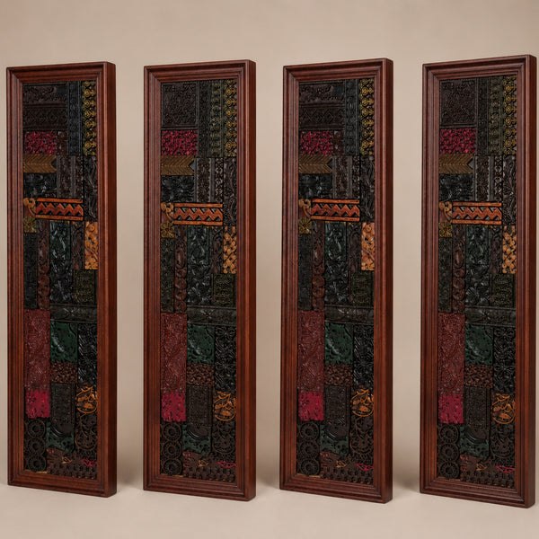Set of four tall wooden mosaic wall panels featuring intricate tribal handicraft designs in dark earthy tones with red, orange, and green accents, perfect for decor.