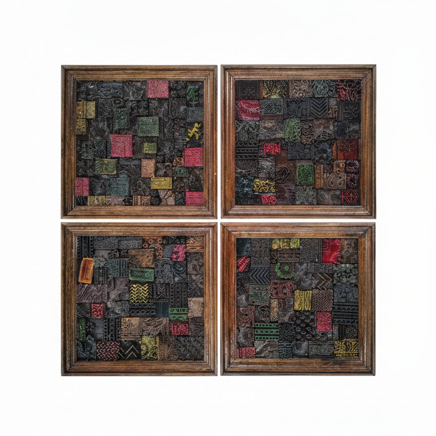 Chhap Mosaic Wall Art featuring four square wooden panels with tribal-inspired colorful mosaic patterns in a rustic frame, ideal for unique decor and handicraft collections.