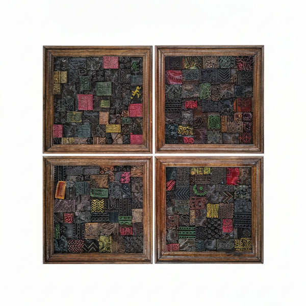 Chhap Mosaic Wall Art featuring four square wooden panels with tribal-inspired colorful mosaic patterns in a rustic frame, ideal for unique decor and handicraft collections.