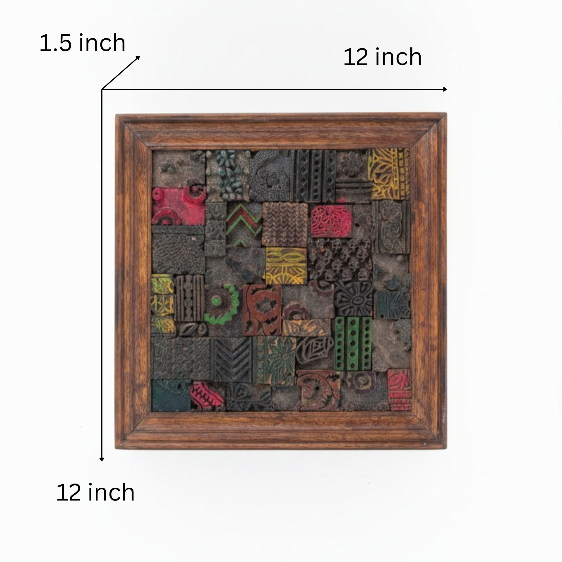 Square wooden mosaic wall art featuring handcrafted tribal-inspired blocks in various colors and patterns within a rich wooden frame, perfect for decorative home accents.