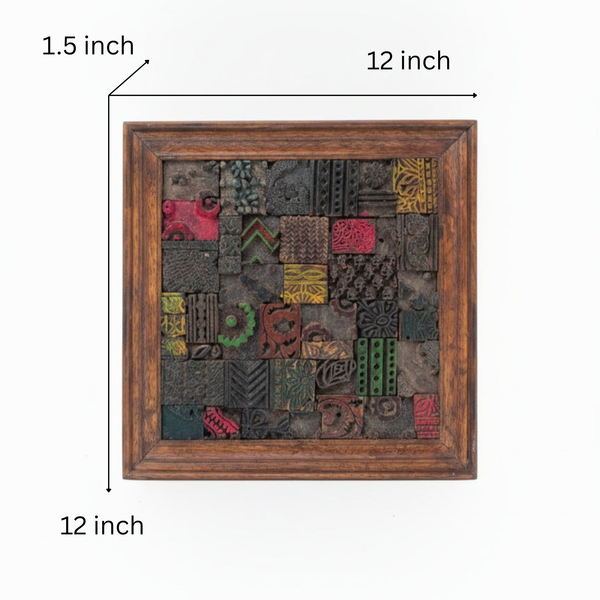 Square wooden mosaic wall art featuring handcrafted tribal-inspired blocks in various colors and patterns within a rich wooden frame, perfect for decorative home accents.