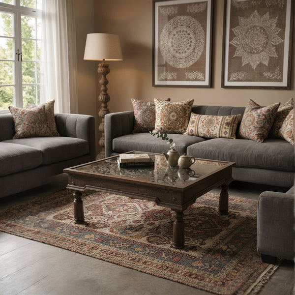 Living room with tribal patterned rug, wooden coffee table, grey sofas, and mandala wall art.