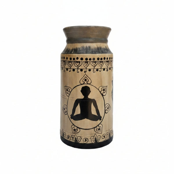 Handcrafted wooden pot featuring a hand-painted black silhouette of a meditating figure with traditional tribal decorative patterns, perfect for unique home decor.